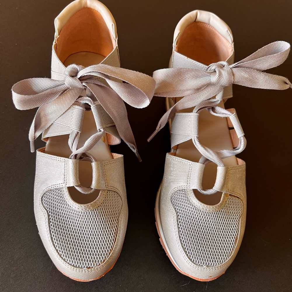 Silver Metallic Wedge Lace Up Fashion Colorblock Sneakers.